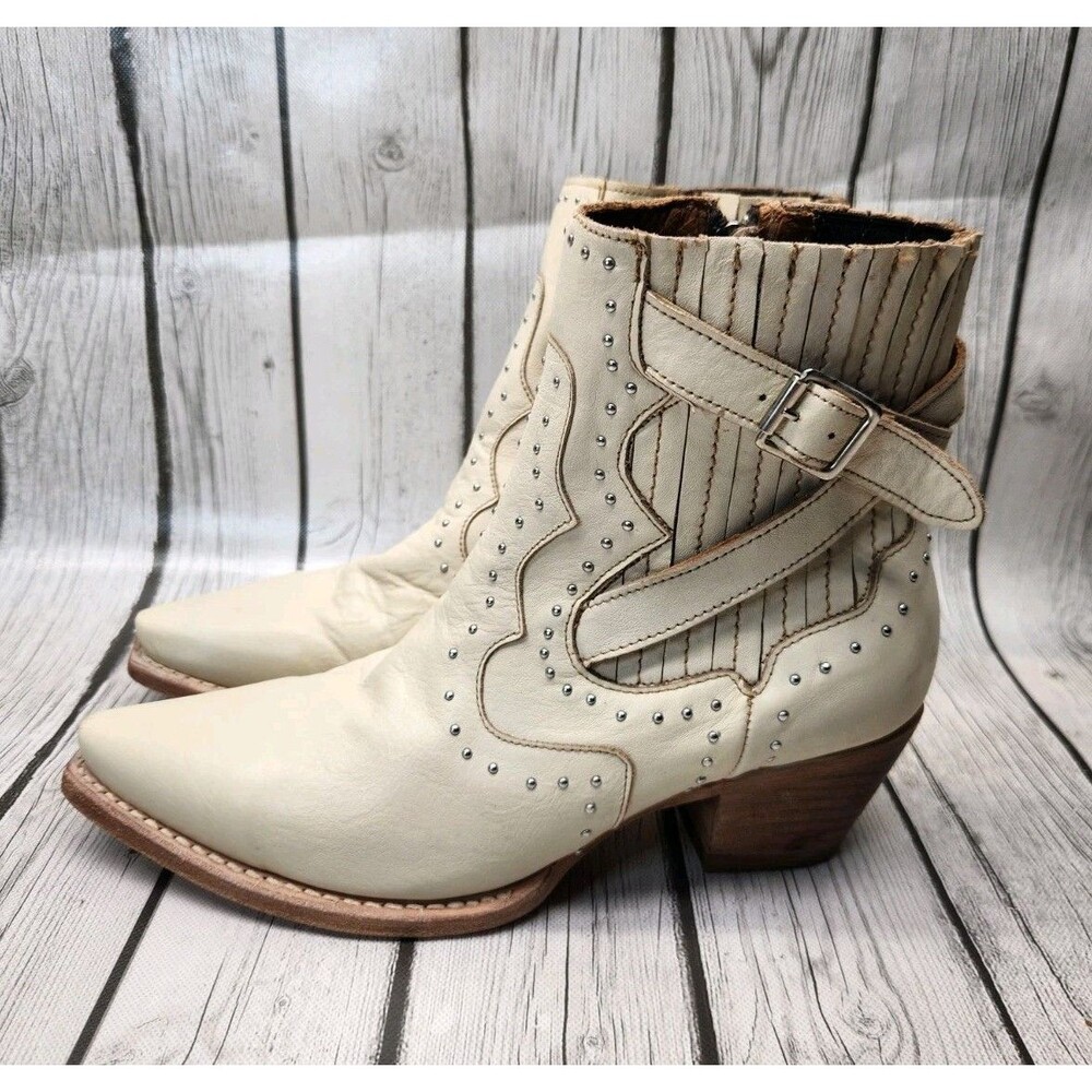 Freebird Morgan Women's 10 Booties Studded Western Leather Boots Beige Cream Zip